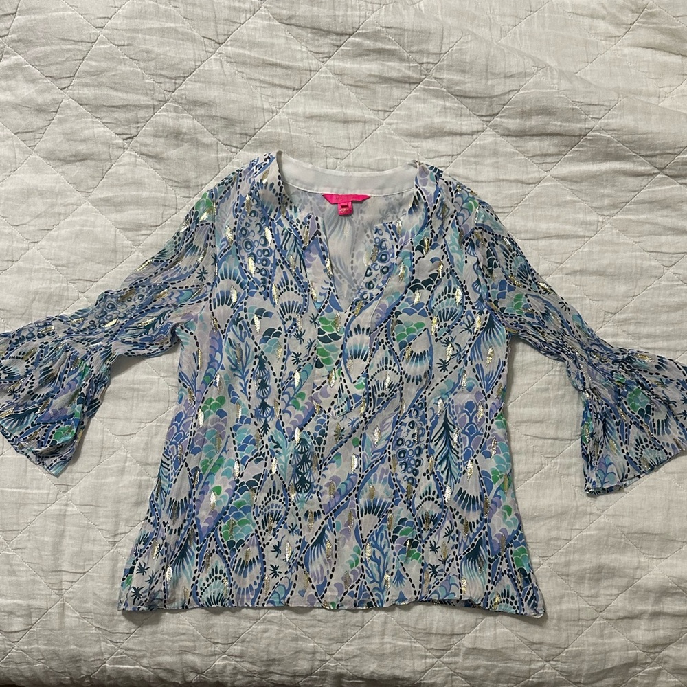 Lilly Pulitzer Elenora Tails Of The Sea Blouse Metallic Medium - Picture 2 of 9